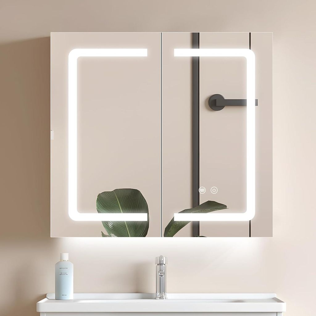Schwarzer BadezimmerSchrank mit LED-Spiegel WisHomee NB-6560DE, foggingsbeständig, dimmbar