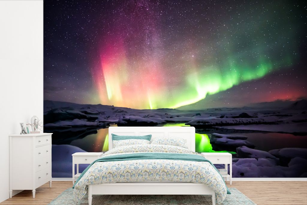 MuchoWow Fototapete für Wohnzimmer oder Schlafzimmer Wandtapete Vinyl Motivtapete Nordlichter - Schnee - Island - 390x260 cm - Papiertapete