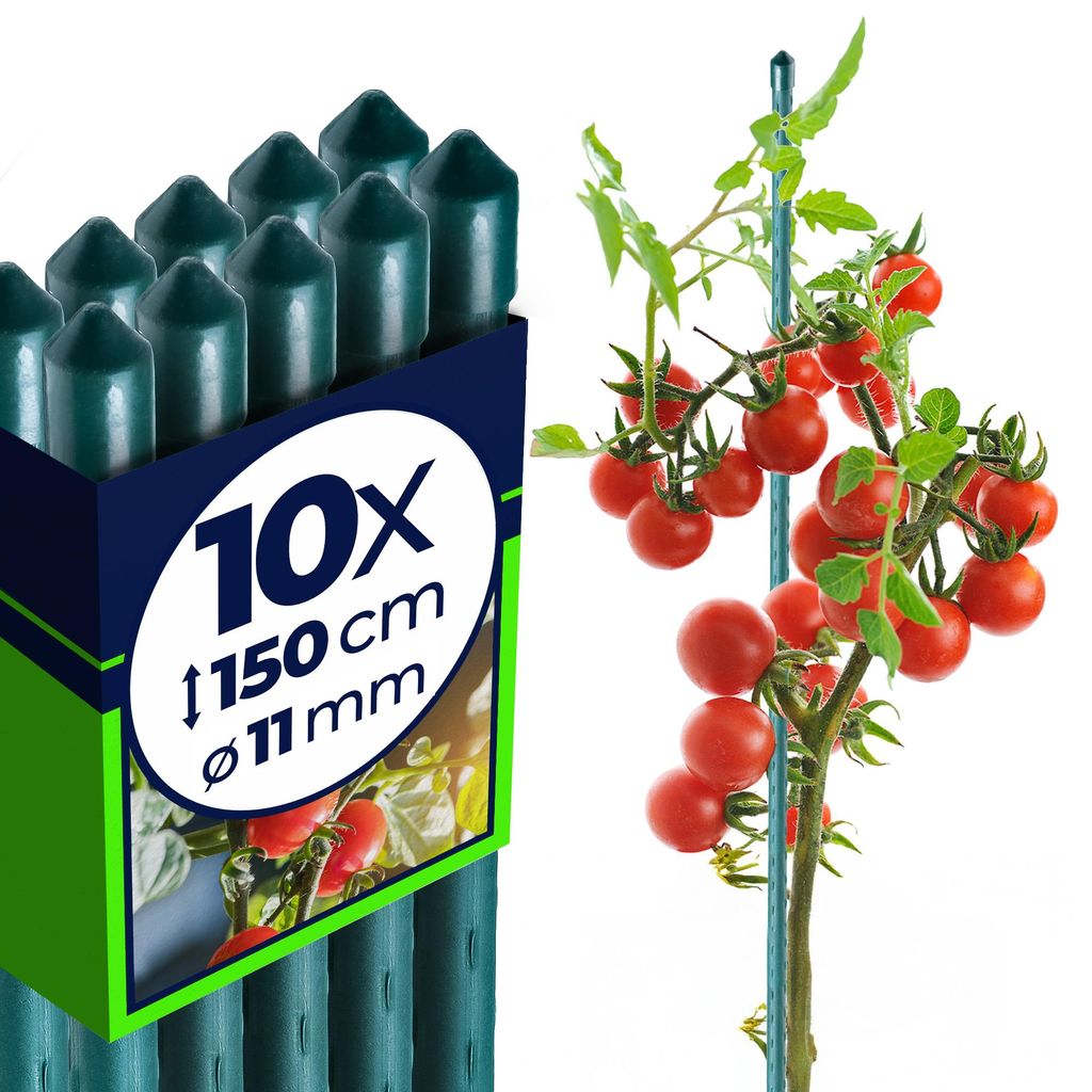 KADAX Blumenstütze aus Stahl "Kluk", Pflanzen-Rankstab, Rankhilfe mit Häkchen, Grün, 150 cm, 10 Stück