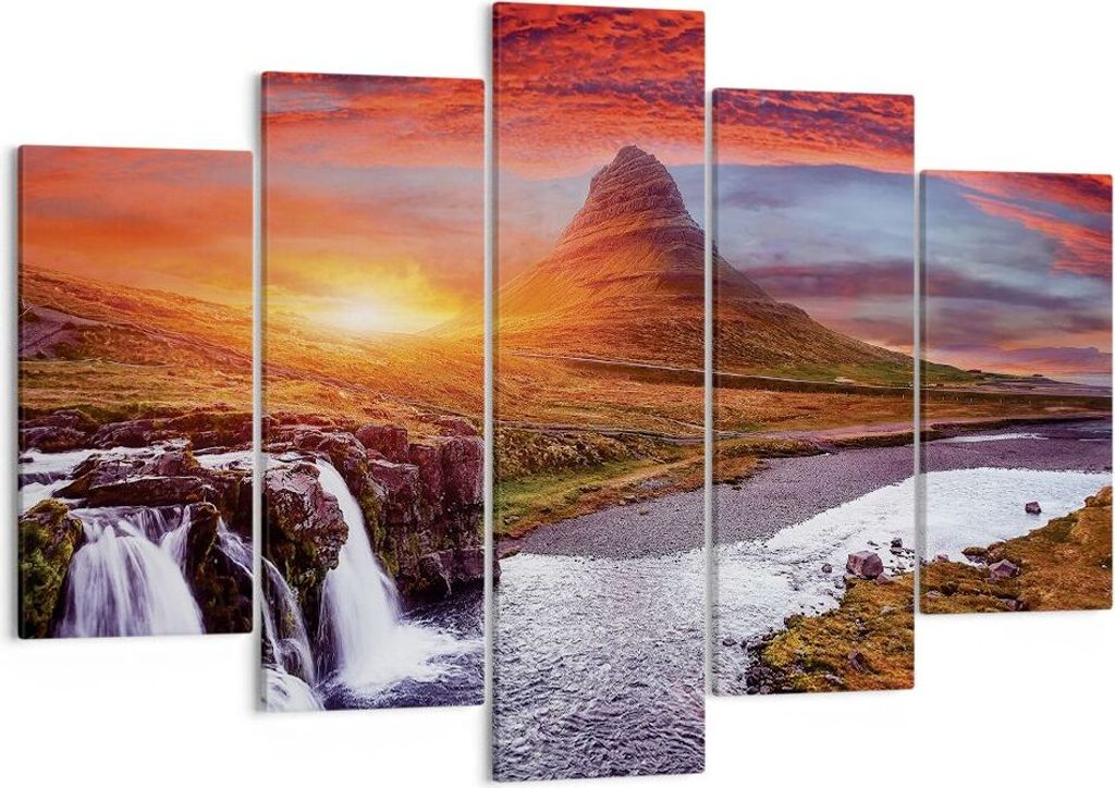 Bild auf Leinwand - Leinwandbild - 5 Teile - Kirkjufell Wasserfall Berg - 150x100cm - Wand Bild - Wanddeko - Wandbilder - Leinwanddruck - Bilder - ...
