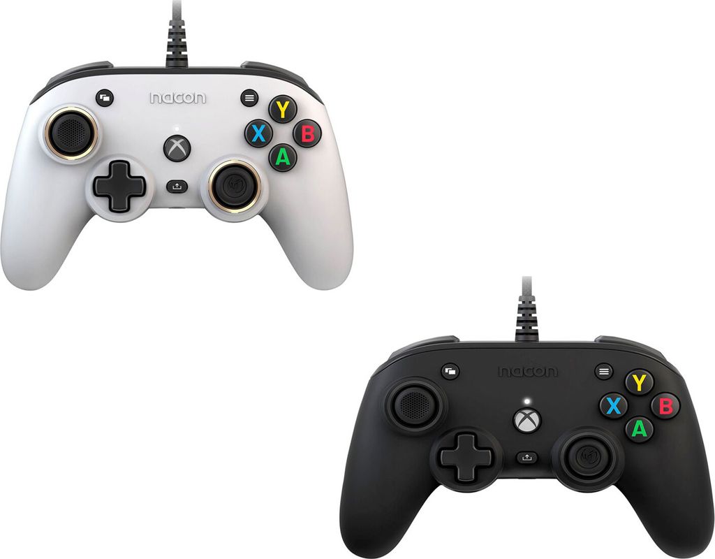 Two NACON XBOX Compact Controllers, one white and one black, are displayed against a white background.