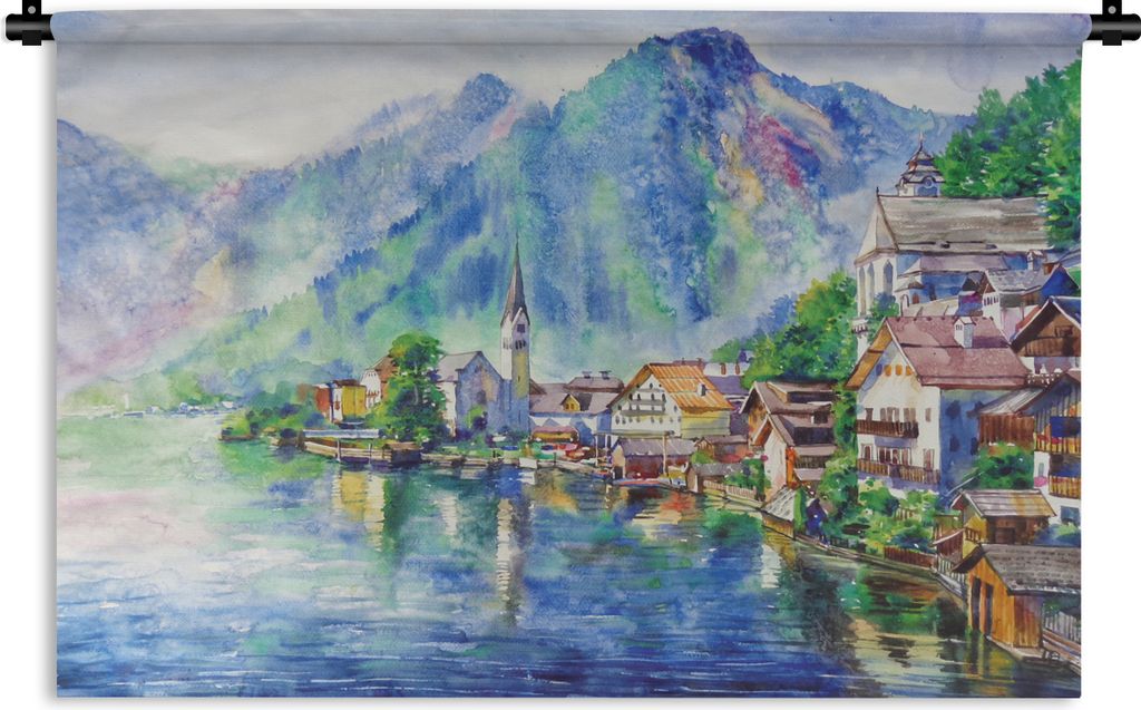 MuchoWow Wandteppich Wandbehang Malerei - Architektur - Wasser - Berge - Öl 120x80 cm Tapisserie Dekoration Wandtuch - Wanddekorationen - Wandt...