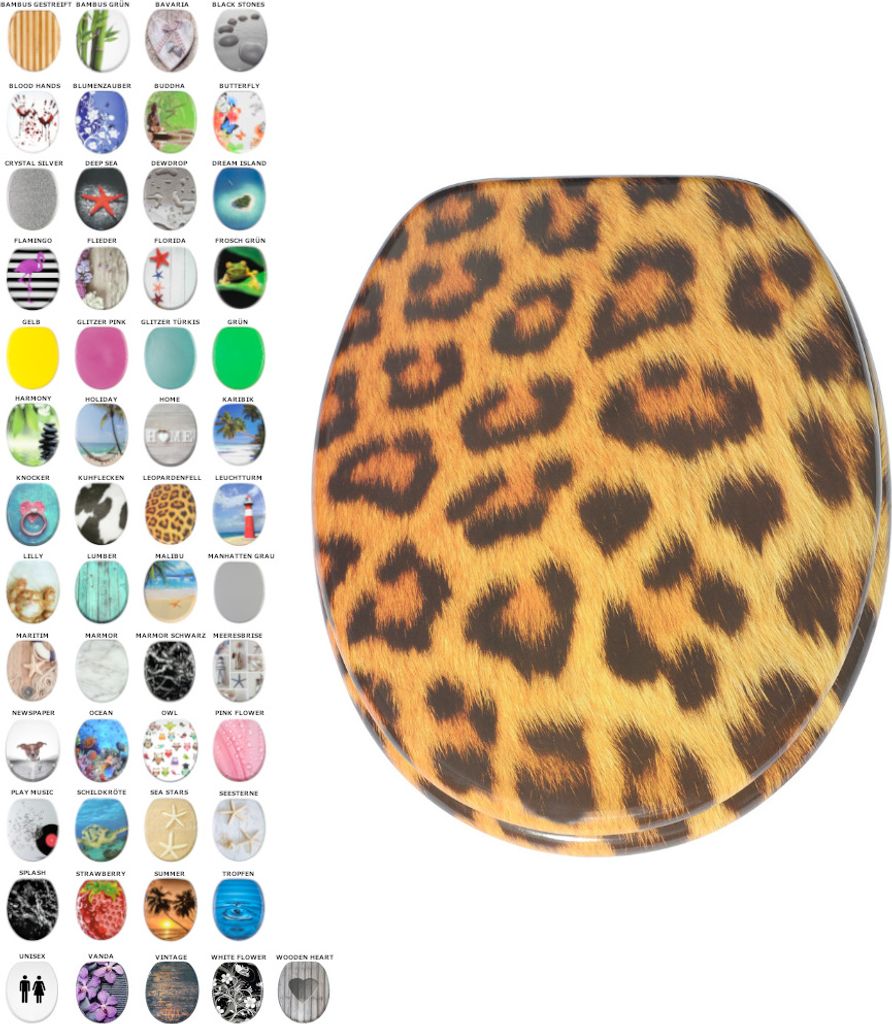 A toilet seat with a leopard print pattern is shown on a white background, next to a grid of other toilet seat designs.