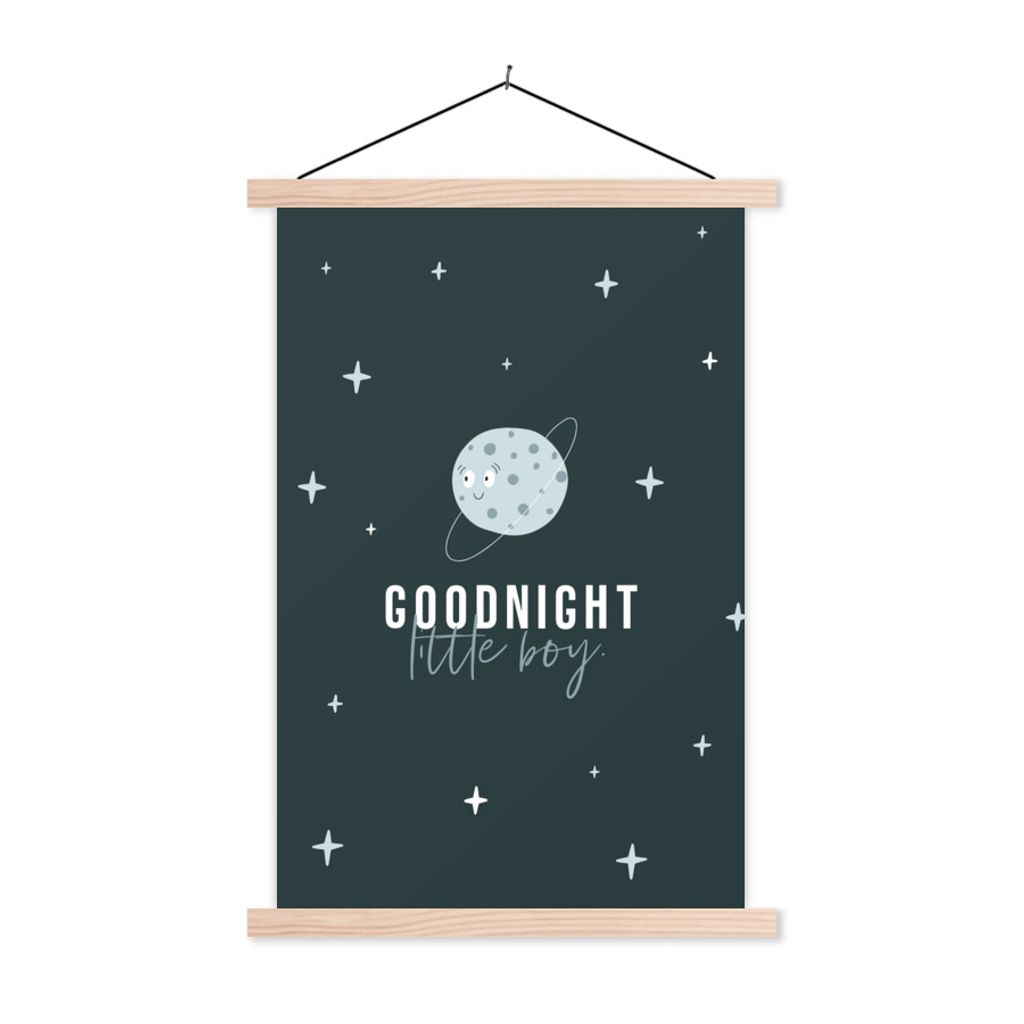 MuchoWow Textilposter Zitate - Gute Nacht kleiner Junge - Sprichwörter - Kinder - Baby - Junge 120x180 cm mit holzfarbenen Rahmen - Textil-Plakat