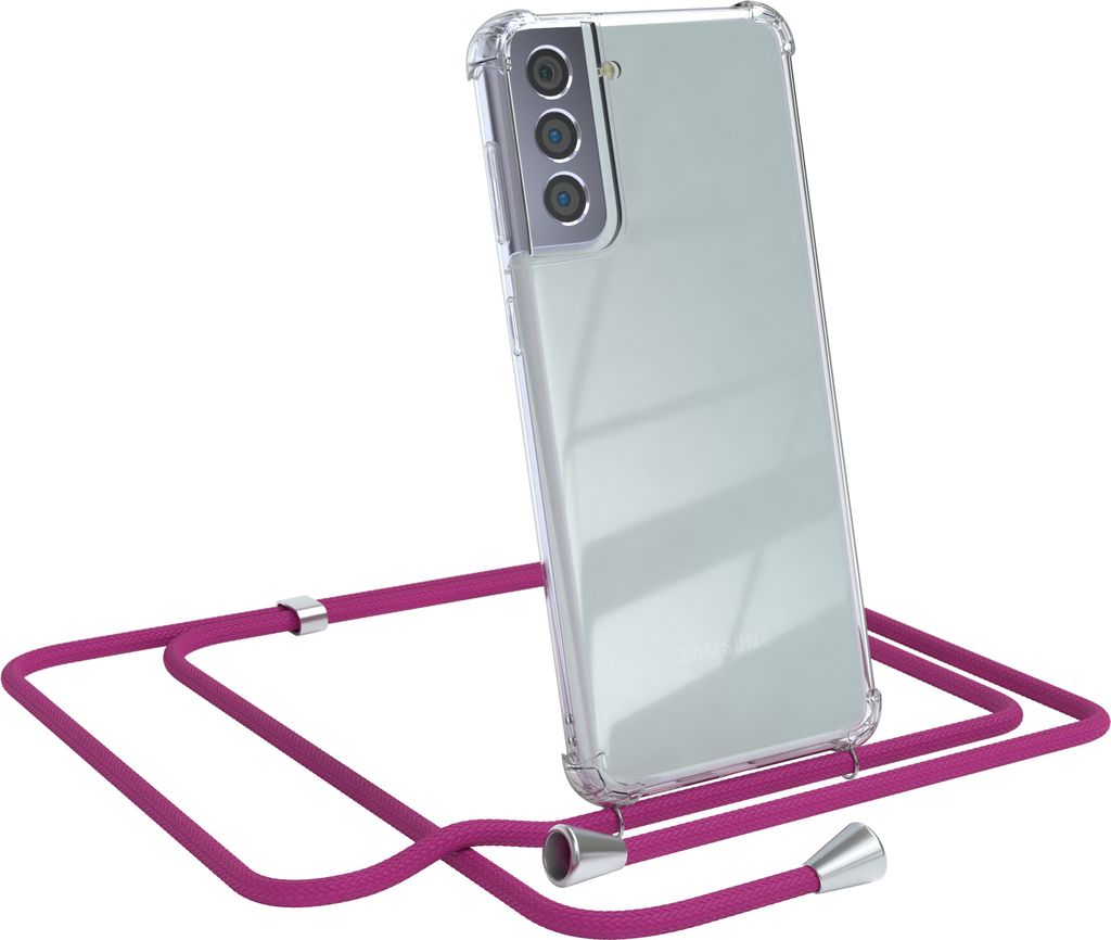 EAZY CASE Handykette kompatibel mit Samsung Galaxy S21 Plus 5G, Handyhülle mit Umhängeband, Handykordel, Schutzhülle Clear, Band in Rosa
