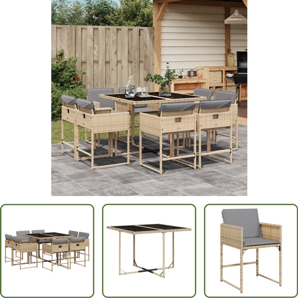 The Living Store 9-tlg. Garten-Essgruppe mit Kissen Beigemischung Poly Rattan