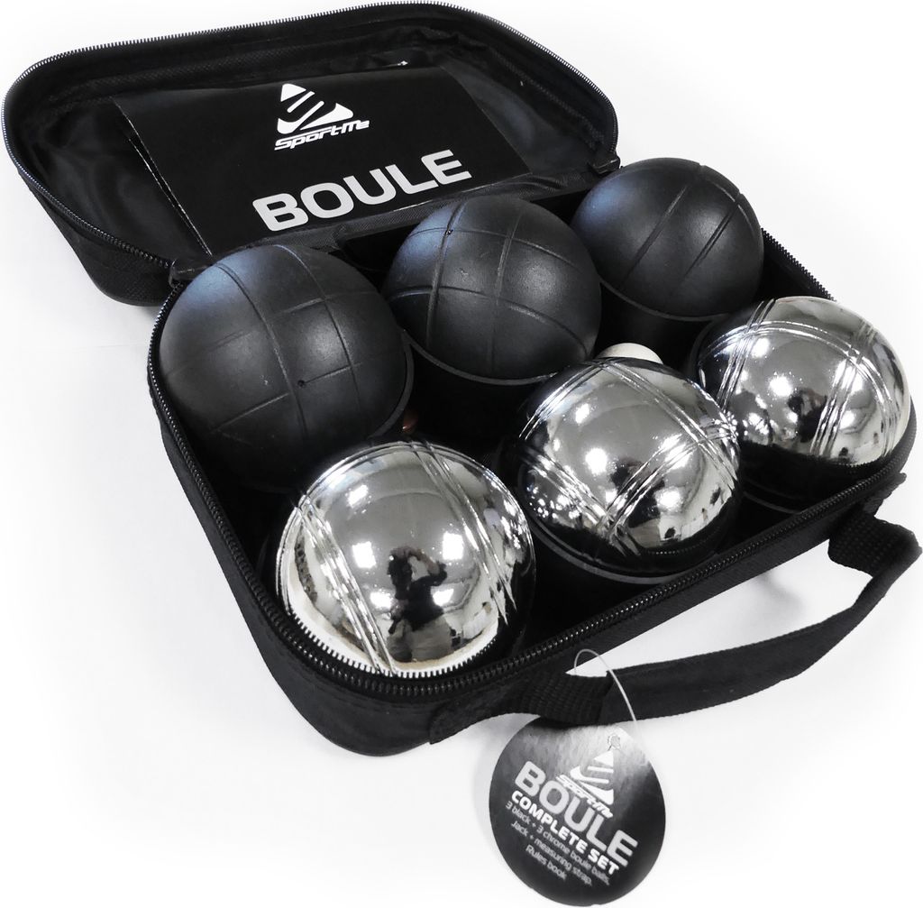 Boule-Set mit Tragetasche, 73 mm Kugeln, Schwarz/Verchromt, inkl. Jack, Maßband & Regelbuch