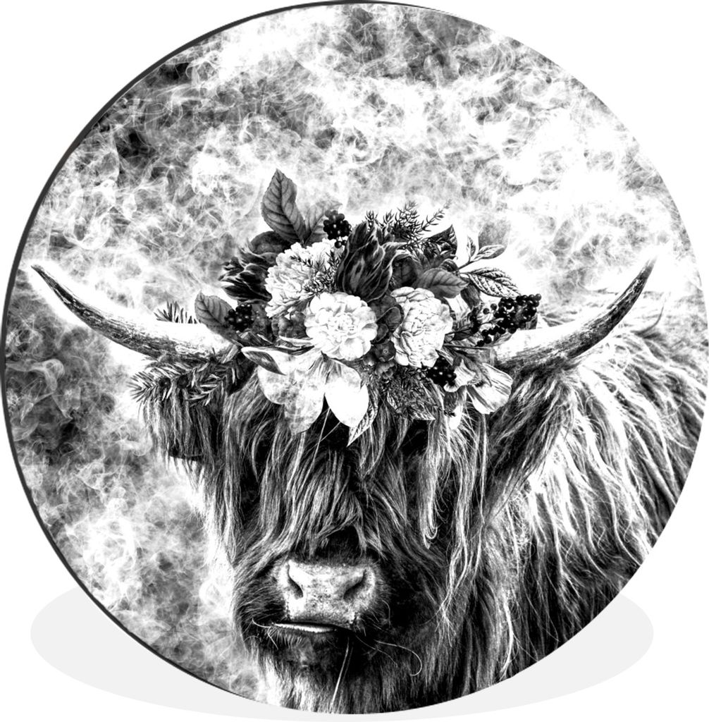 MuchoWow Aluminium Wandkreis Schottischer Highlander - Tiere - Blumen - Schwarz - Weiß Ø 90 cm Wanddeko Modern Wohnzimmer - Mauerkreis - Wandbi...