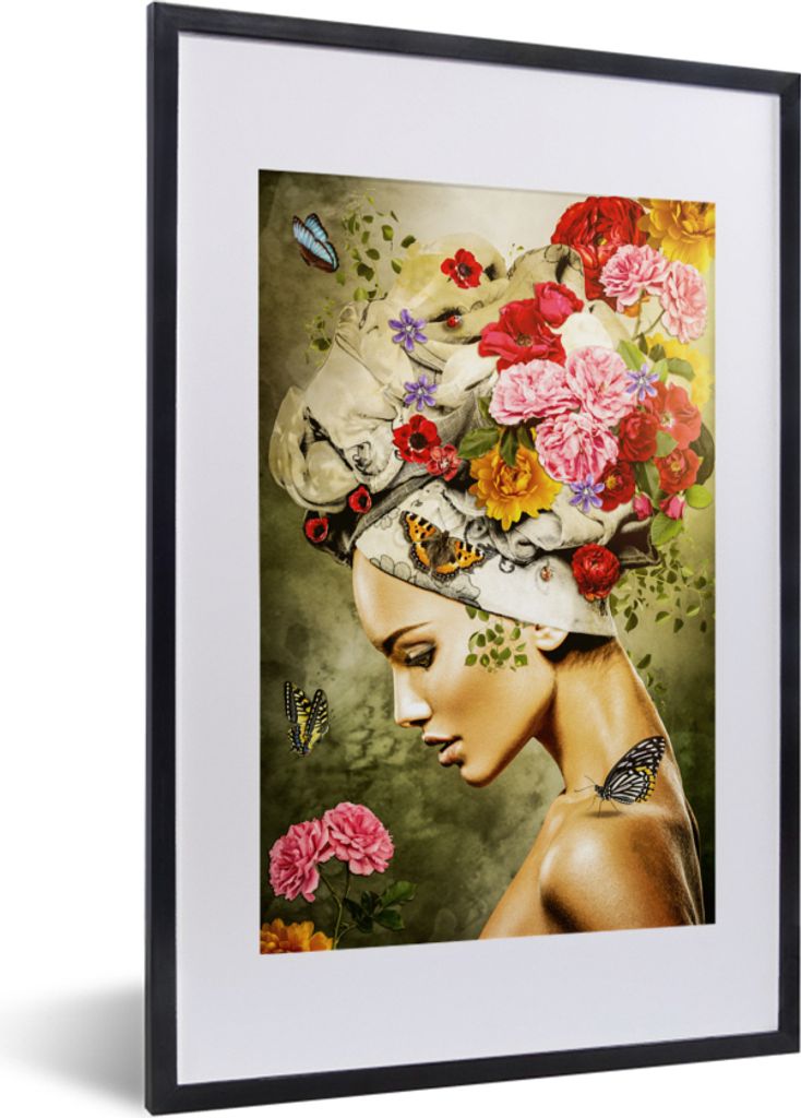 MuchoWow MuchoWow Gerahmtes Poster Frau - Blumen - Farben - Schmetterlinge - Rosen - Kopftuch 40x60 cm - Poster mit zchwarzem Bilderrahmen - Po...