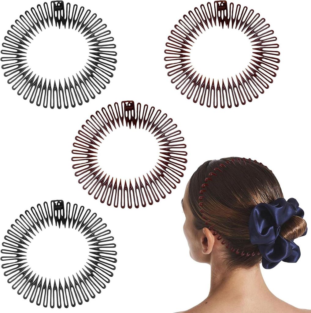 4-teiliges Set ausziehbarer Haarkämme, dehnbare Haarkämme, weicher runder Kunststoffkamm, Modeaccessoires (schwarz, braun)