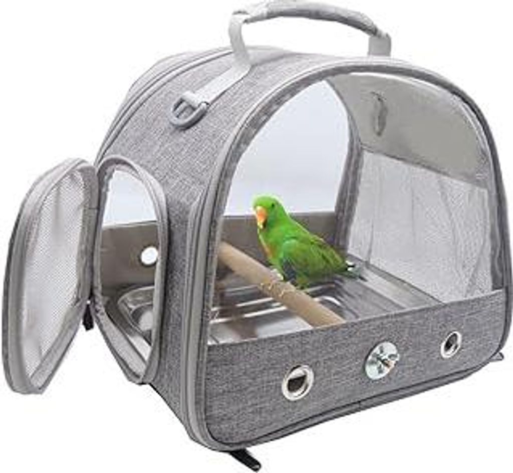 Vogel-Tragetasche mit Stehstange und Edelstahl-Tablett, atmungsaktiv, zusammenklappbar, für kleine Vögel, Reisetasche für Papageien, Sittiche, K...