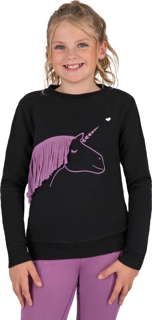 QHP Kinder Pullover Lize Junior zwart/violet schwarz lila Sweater Einhorn Print , Größe:140
