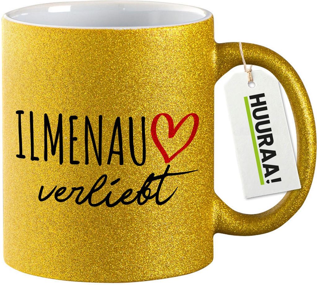 Huuraa Glitzertasse Ilmenau verliebt 330ml Gold Keramik Kaffeebecher Geschenkidee