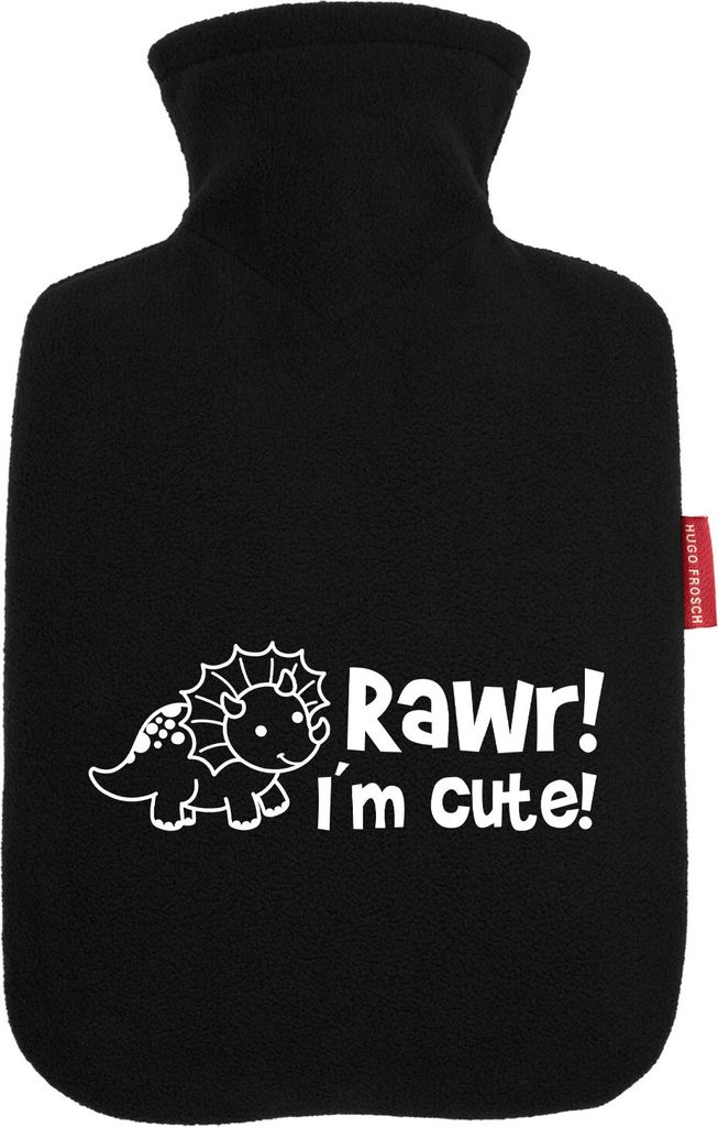 Huuraa Wärmflasche Triceratops I`m cute 1,8 Liter Black Classic Veloursbezug Bettflasche Geschenkidee