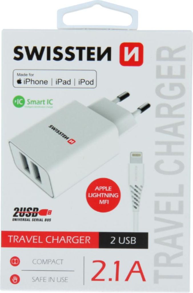 Swissten Smart IC Reiseladegerät 2x USB 2.1A mit Lightning MFI Kabel 1,2 m