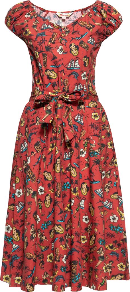 QUEEN KEROSIN Swing Kleid Mit Tropischem All-Over-Print Hawaii Rot Xl