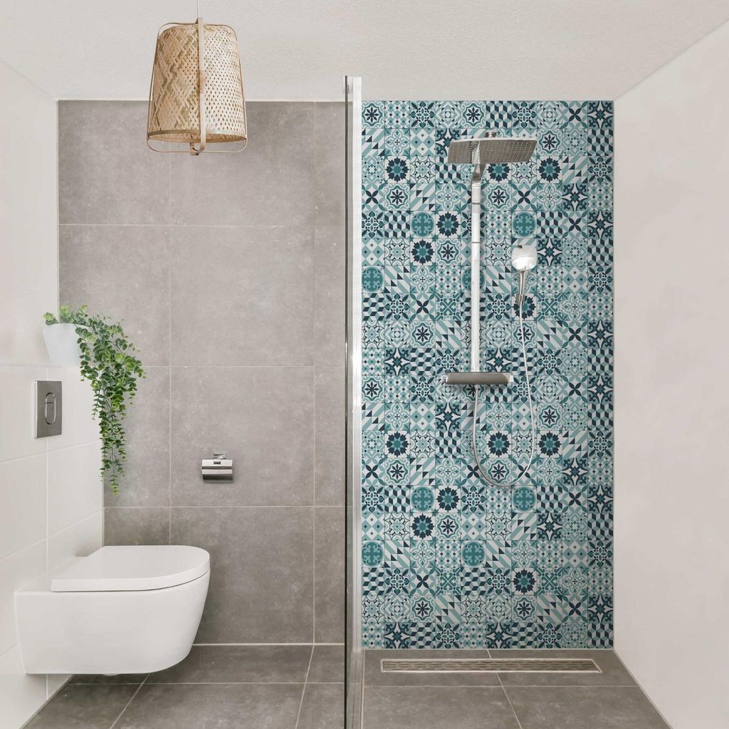Duschrückwand mit Motiv selbstklebend - 0.35 mm Wandpaneel wasserfest Design türkis Fliesenoptik Illustration Badrückwand fugenlos Smart matt 1...