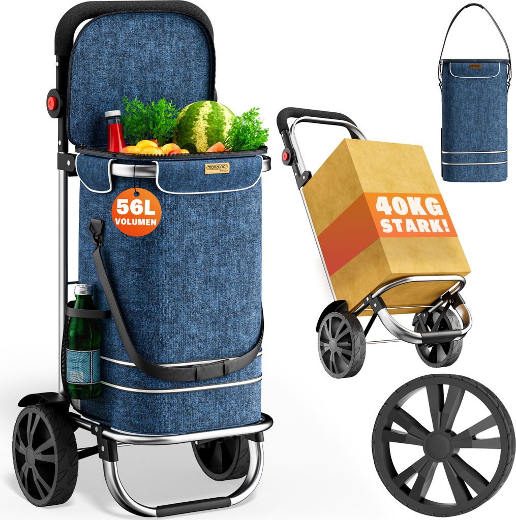 MONZANA® 3in1 Einkaufstrolley 56L bis 40 kg klappbar abnehmbare Tasche Handwagen Einkaufswagen Einkaufshilfe Roller Blau