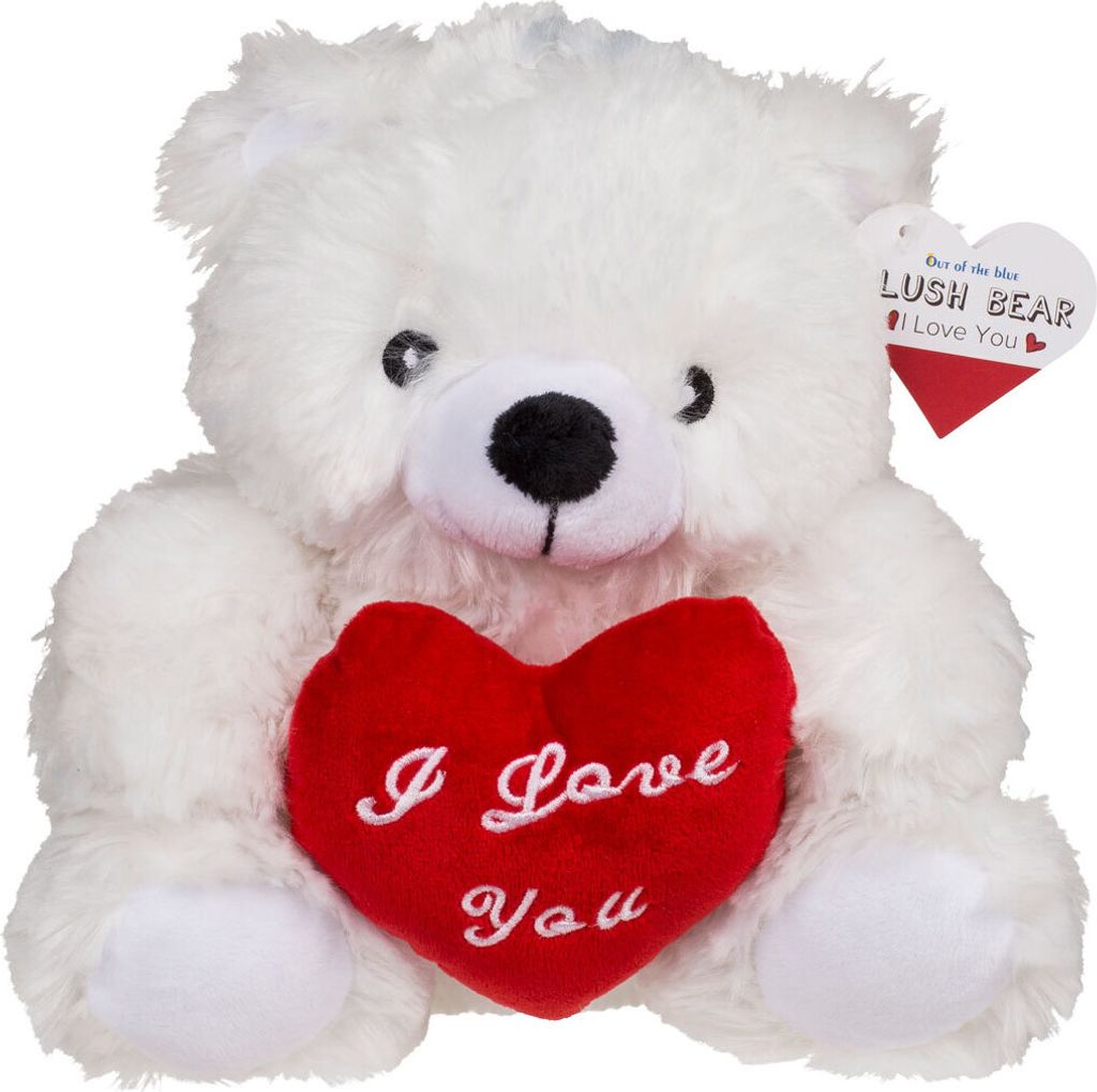 A white teddy bear holding a red heart with the text "I Love You" on it.