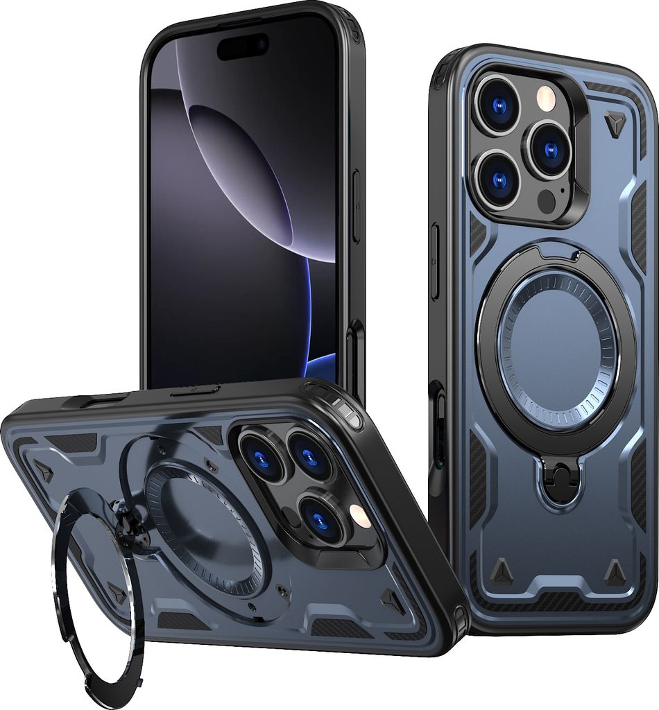 Dual Layer Hülle für iPhone 16 Pro Metall Ring Ständer Magnetisch Stoßfest Militär Handyhülle Blau
