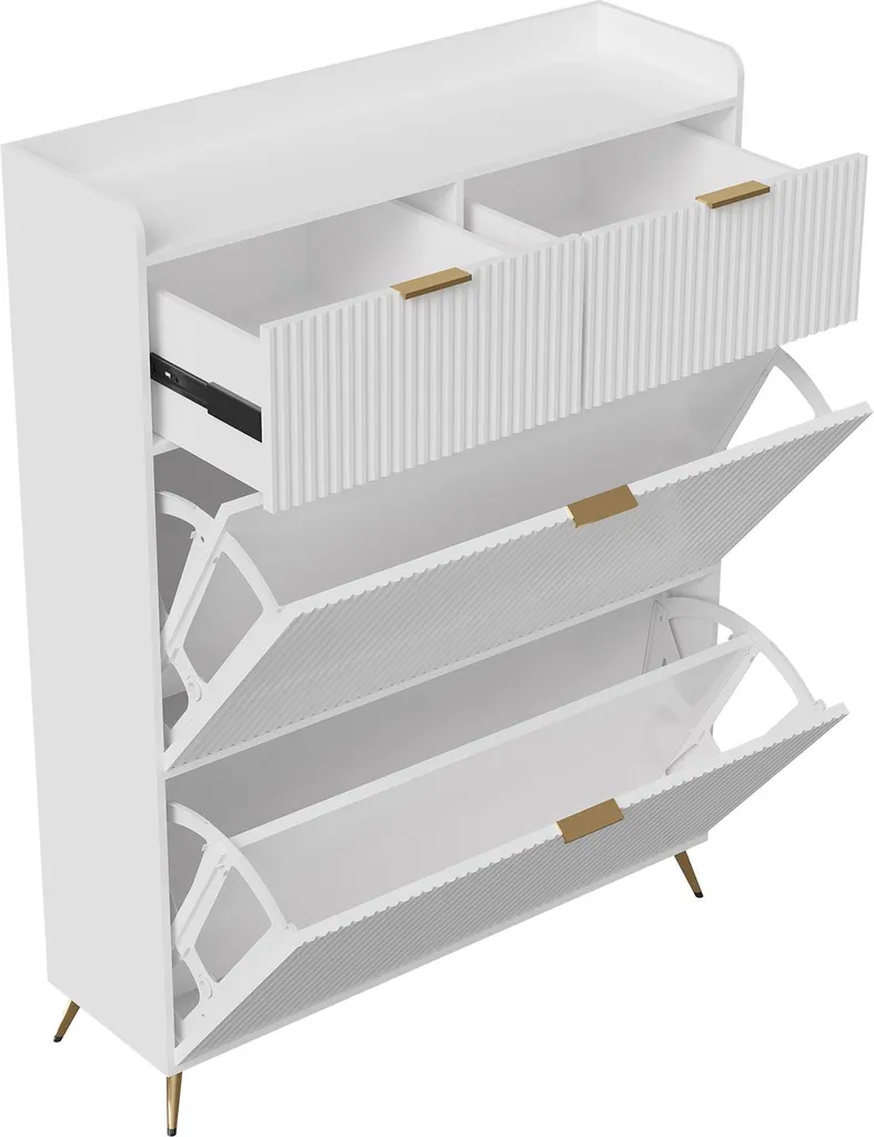 Armoire à chaussures blanche avec 2 tiroirs rabattables et pieds métal