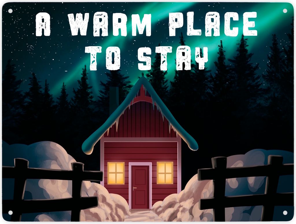 A warm place to stay Metallschild XXL in 28x38 cm mit nordischer Hütte und