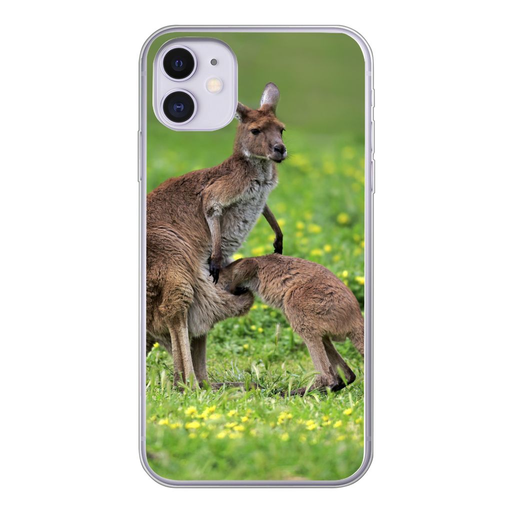 MuchoWow Handyhülle Schutzhülle Hülle für iPhone 11 Känguru - Blumen - Jung Silikon Softcase Handy Hülle - Handytasche