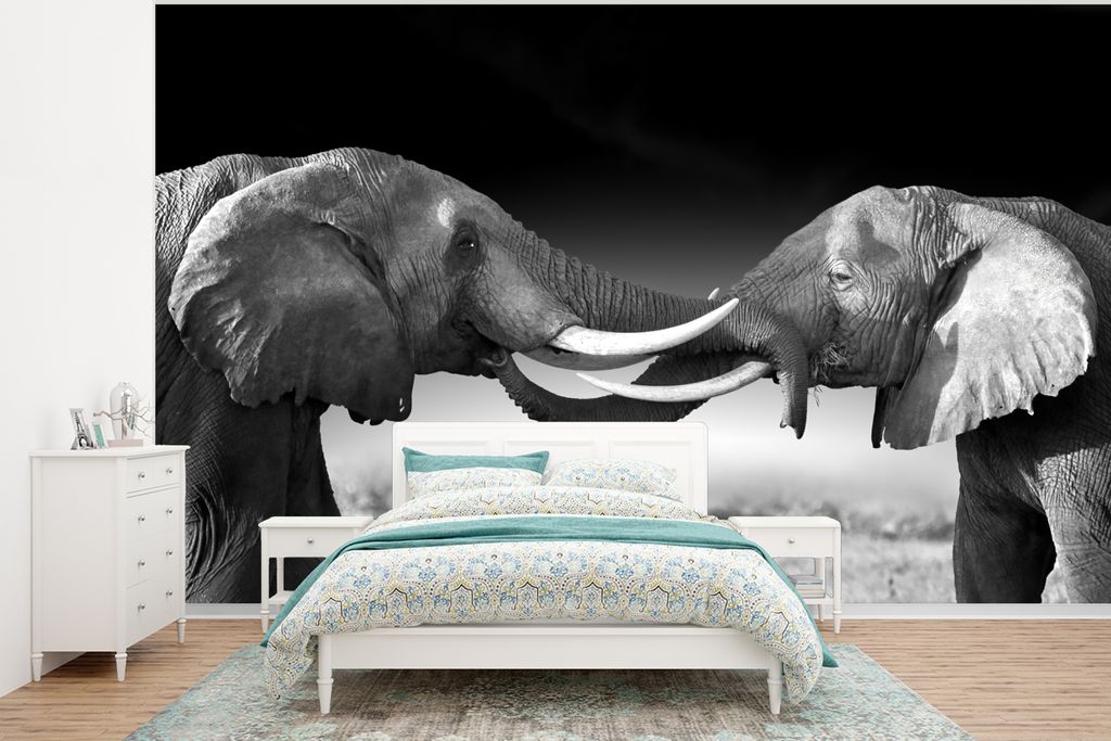 MuchoWow Fototapete für Wohnzimmer oder Schlafzimmer Wandtapete Vinyl Motivtapete Elefant - Tiere - Schwarz und weiß - Porträt - Landschaft - ...