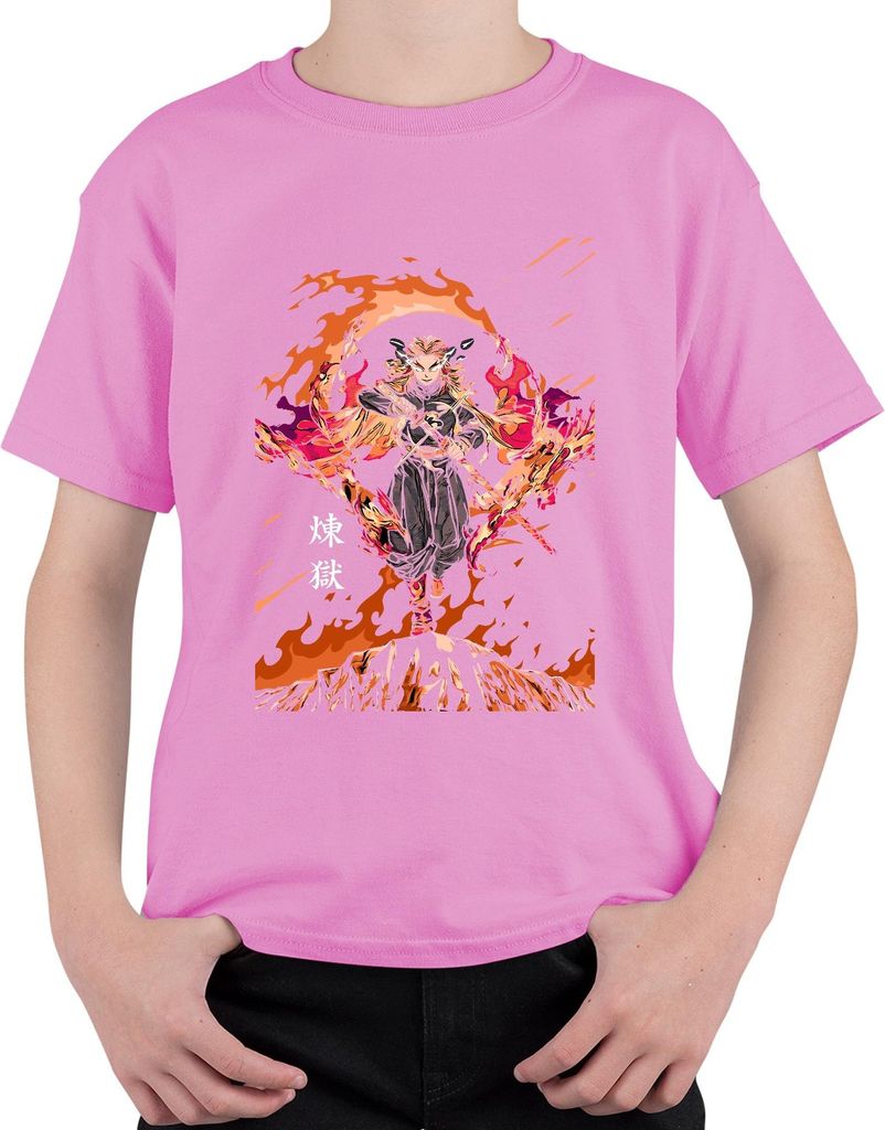 煉獄 Rengoku Hashira Anime Schwert Feuer Geschenk Sammler Uni Kinder T-Shirt, Pink, 140