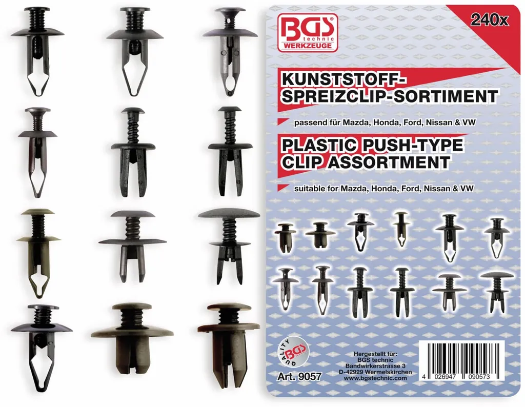 BGS 9057 Assortiment de 240 Clips d'Écartement pour Mazda Honda et VW