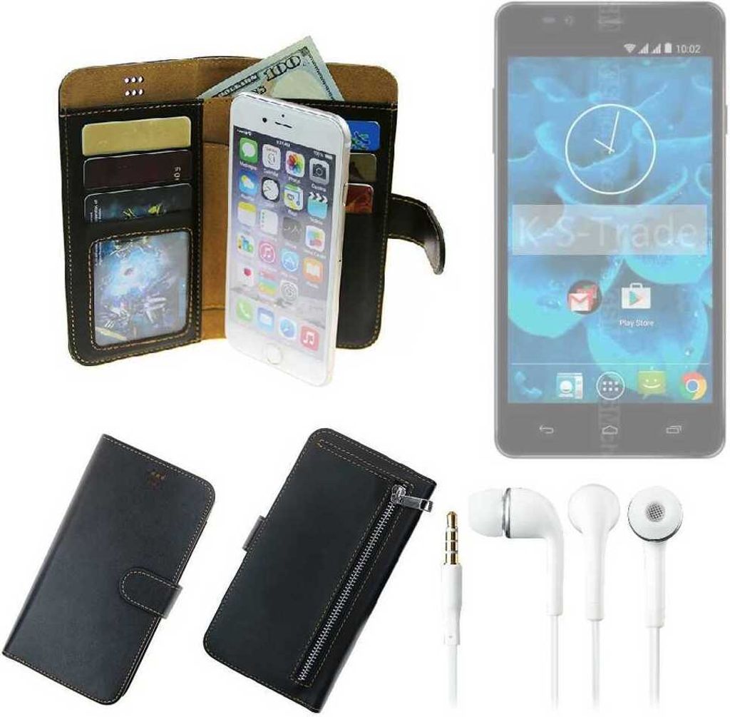 TOP SET Handy Hülle Schutz Hülle kompatibel mit Qilive Q4 5.5 schwarz aus Kunstleder + Kopfhörer Smartphone Tasche vollwertige Geldbörse