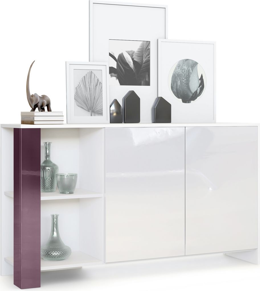 Vladon Sideboard Canto, Germany, lange Anrichte mit 2 Türen und 6 Fächern, Korpus Weiß matt, Fronten Weiß Hochglanz, Nachbildung-Paneele Brombe...