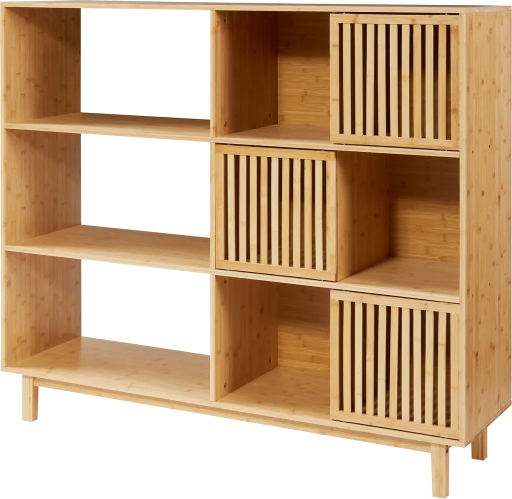 Bibliothèque 9 compartiments en bambou naturel avec portes coulissantes