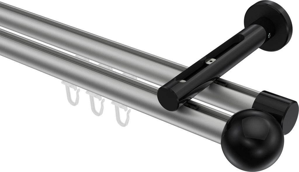 Interdeco Innenlaufstange / Gardinenstange mit Innenlauf Silbergrau / Schwarz, Typ Siteno Luino (Kugel), 20 mm Ø 2-läufig, 600 cm