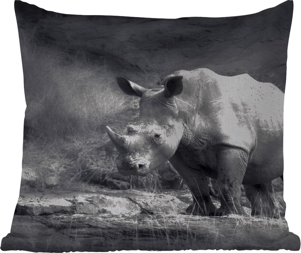 MuchoWow Outdoor Kissen - Rhinozeros - Natur - Gras - Schwarz - Weiß - 45x45 cm - Wetterfest - Lounge Kissen - Fotokissen - Dekoratives Kissen