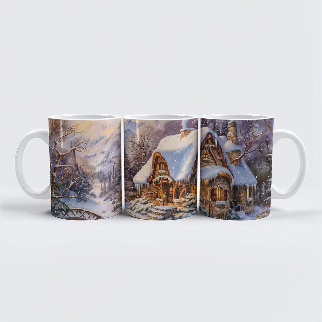 raxxa Premium-Tasse "Snowy Mountain Cottage by Stream"