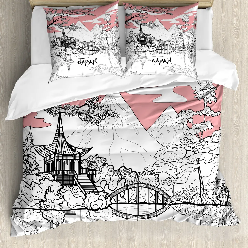 Set copripiumino ABAKUHAUS per letti matrimoniali, Pagoda Traufe Retro, antiacaro, adatto a chi soffre di allergie, con federe, rosa, bianco, nero