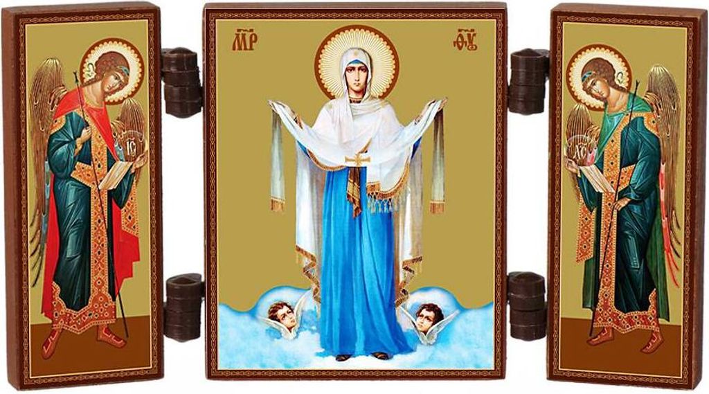 Ikone - Maria Schutz - christliche reise Altar Holz Triptychon - Pokrova