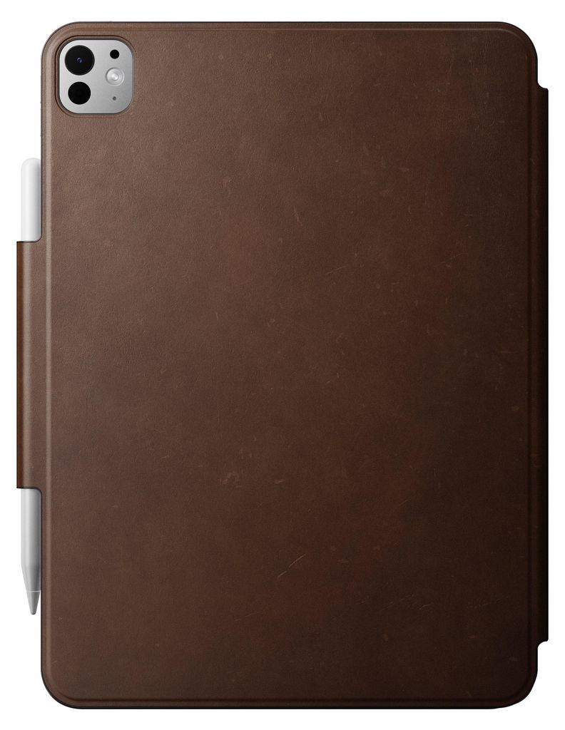 A brown leather case for an iPad Pro with a stylus attached to the side.