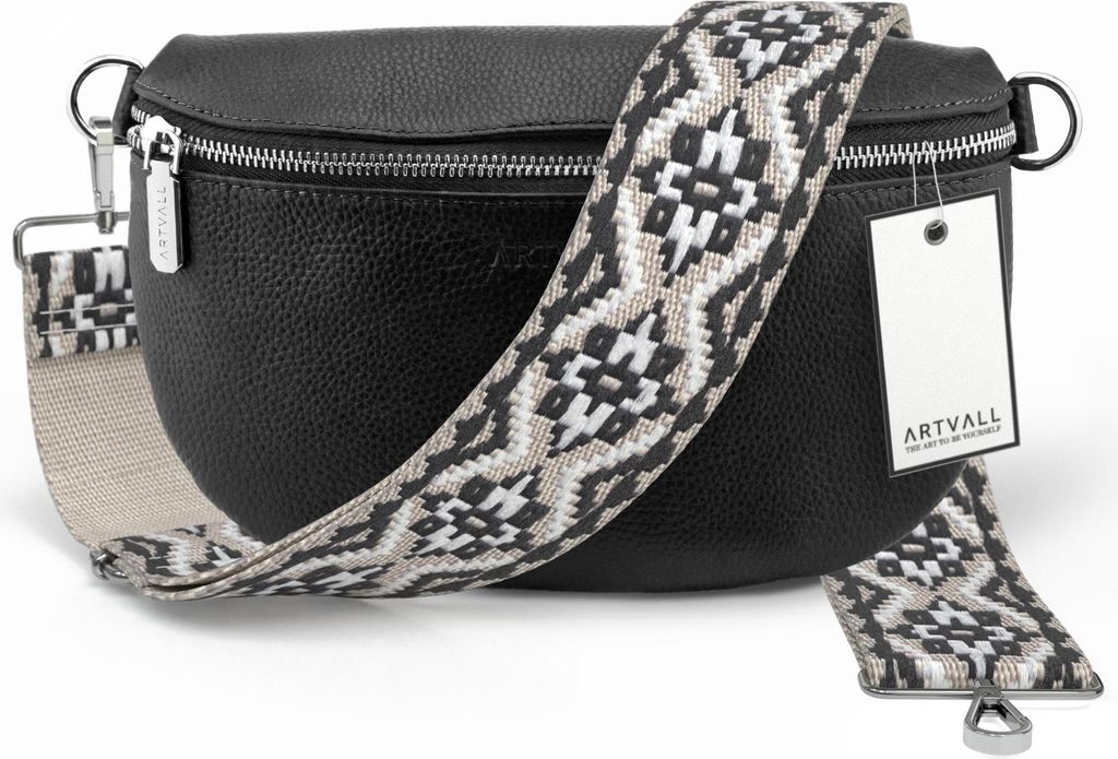 ARTVALL - Umhängetasche aus Leder, Klein mit verstellbarem Schultergurt, abnehmbares Taschenband, Crossbody Bag in Schwarz