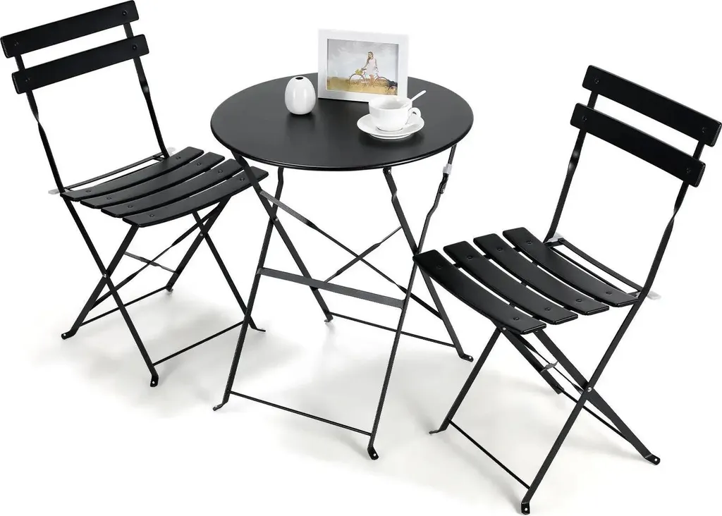 Set de jardin 3 pièces pliable en fer noir table 60x60 pour 2 personnes