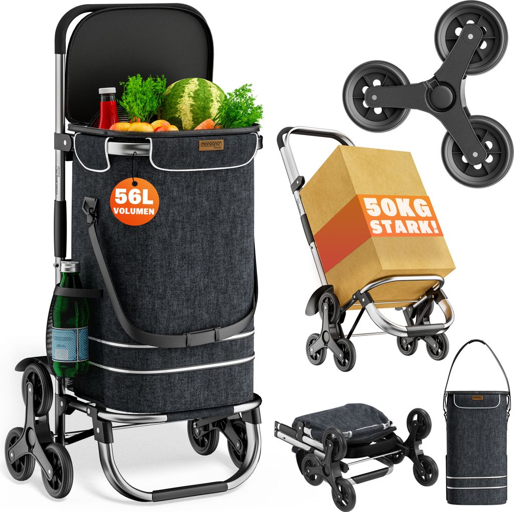 MONZANA 3in1 Einkaufstrolley 56L bis 50 kg klappbar abnehmbare Tasche 6 Rollen Tragegurt Treppensteiger Einkaufswagen Einkaufshilfe Trolley Schwa...