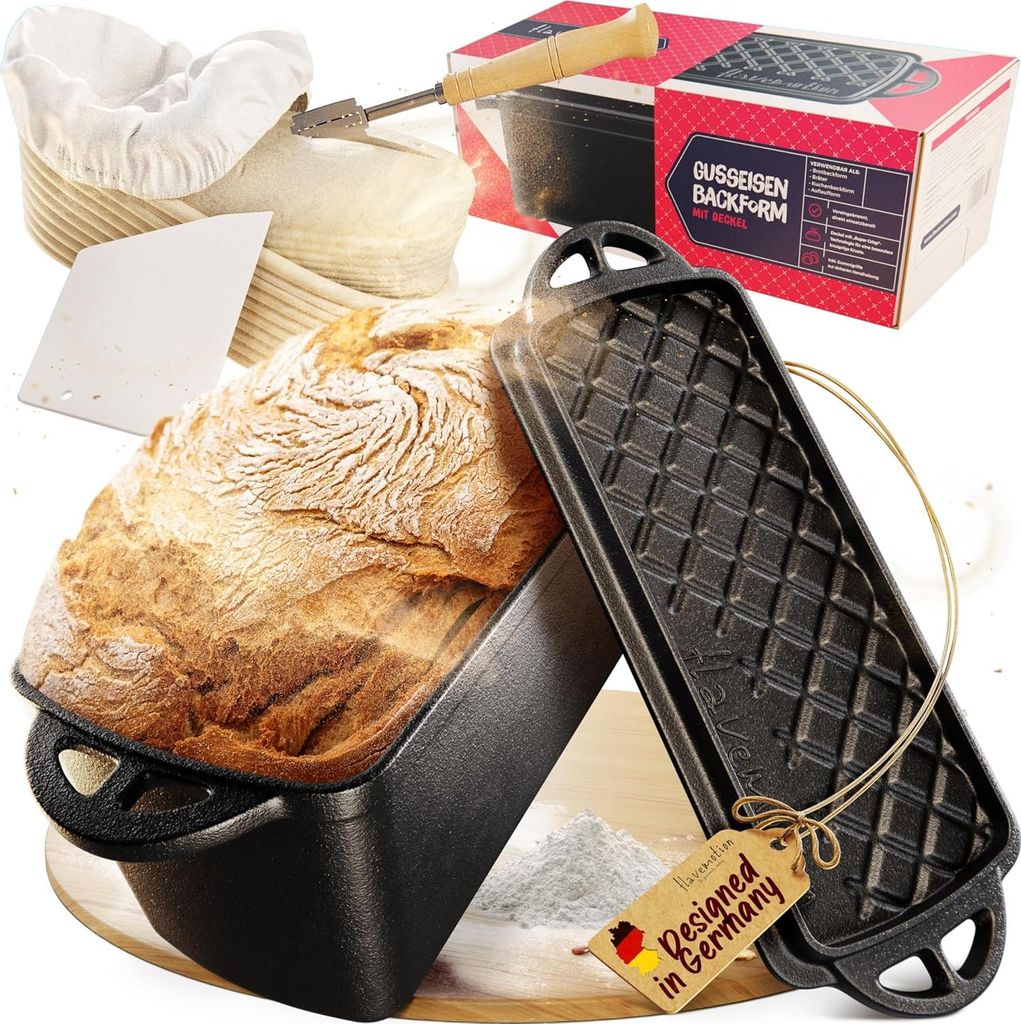 Gusseiserne Brotbackform mit Deckel - vielseitige Bratpfanne und Brotdose - 2,5 Liter - rechteckig