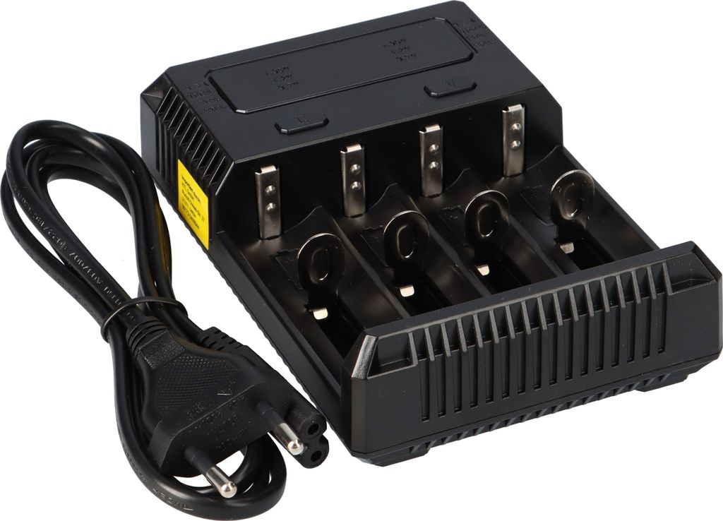 A black battery charger with a power cord is shown against a white background.