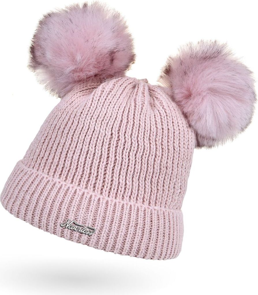 Kinder Mädchen Strickmütze mit zwei Bommeln Doppelbommel Kunstfell Bommelmütze Wintermütze Pudelmütze Rippstrick Neverless rosa unisize