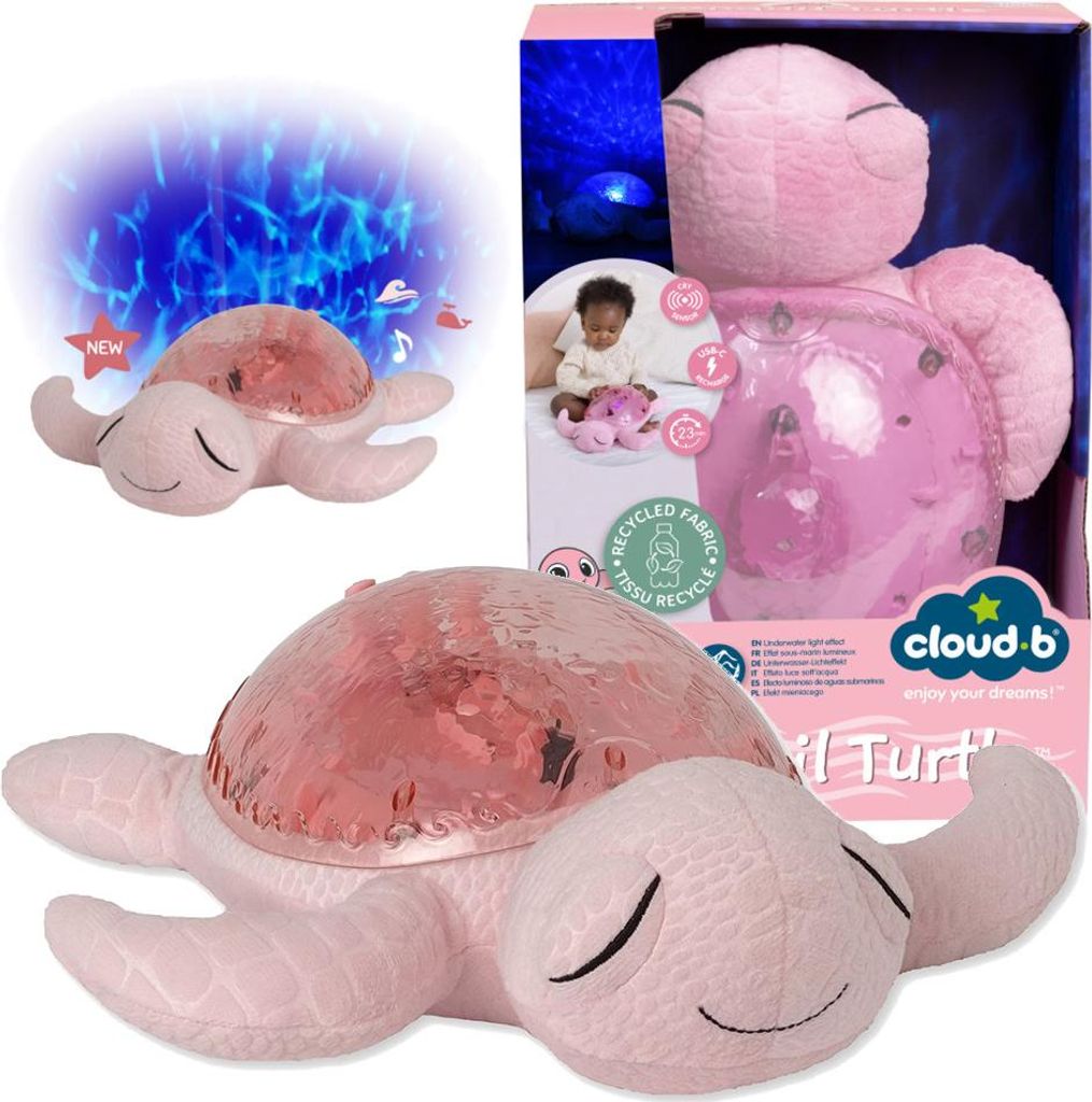 A collage of images showing a pink plush turtle night light, its packaging, and a baby interacting with it.