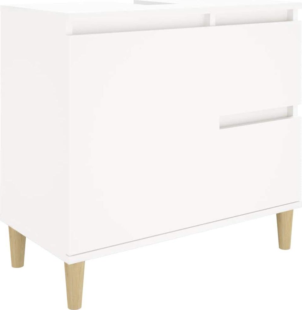 A white bathroom cabinet with wooden legs is shown against a white background.