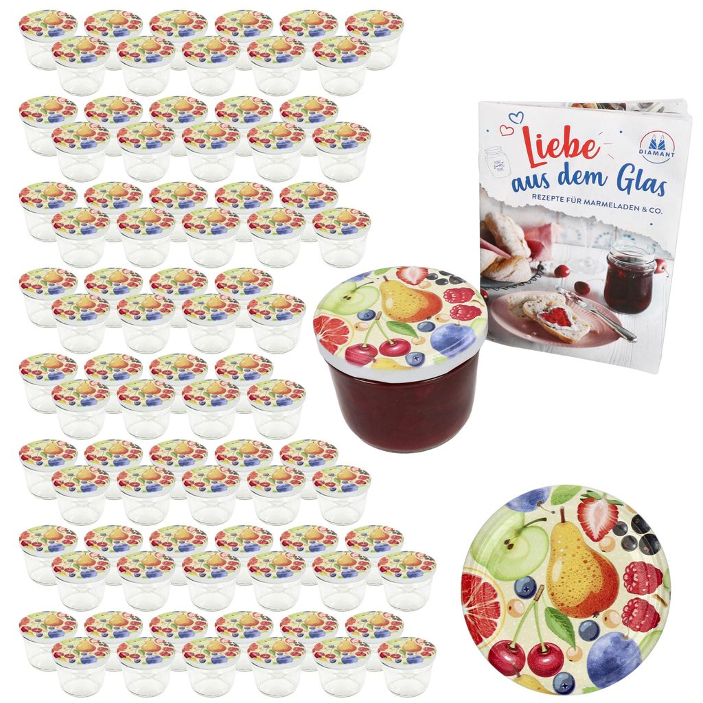 100x Sturzglas 230ml Einmachglas TO82 Comic-Obst Deckel Produktbild 