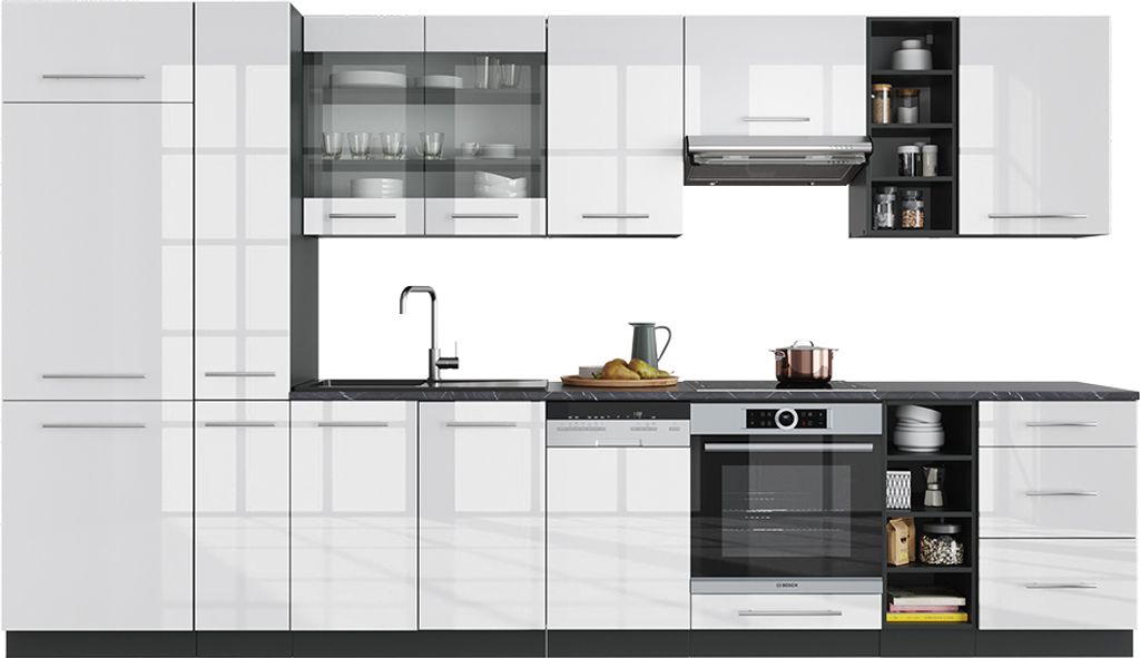 Küchenzeile Vicco Fame-Line Weiß Hochglanz/Anthrazit 355 cm ohne Arbeitsplatte, Model 36415