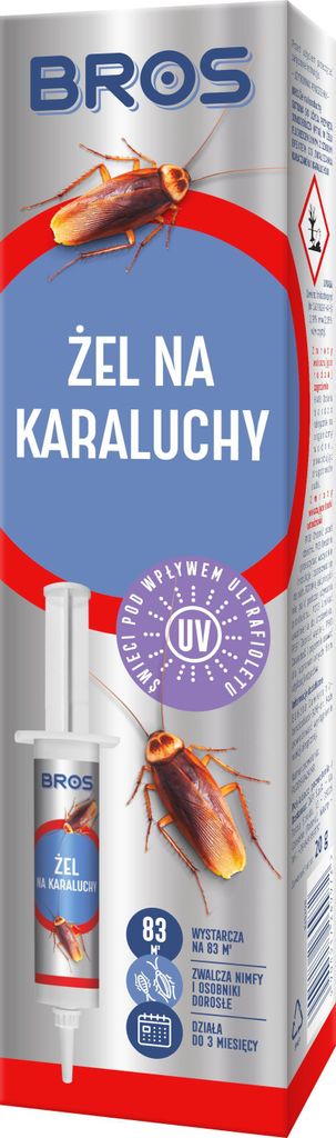 A product package for an insect repellent gel, featuring images of cockroaches and a syringe applicator.